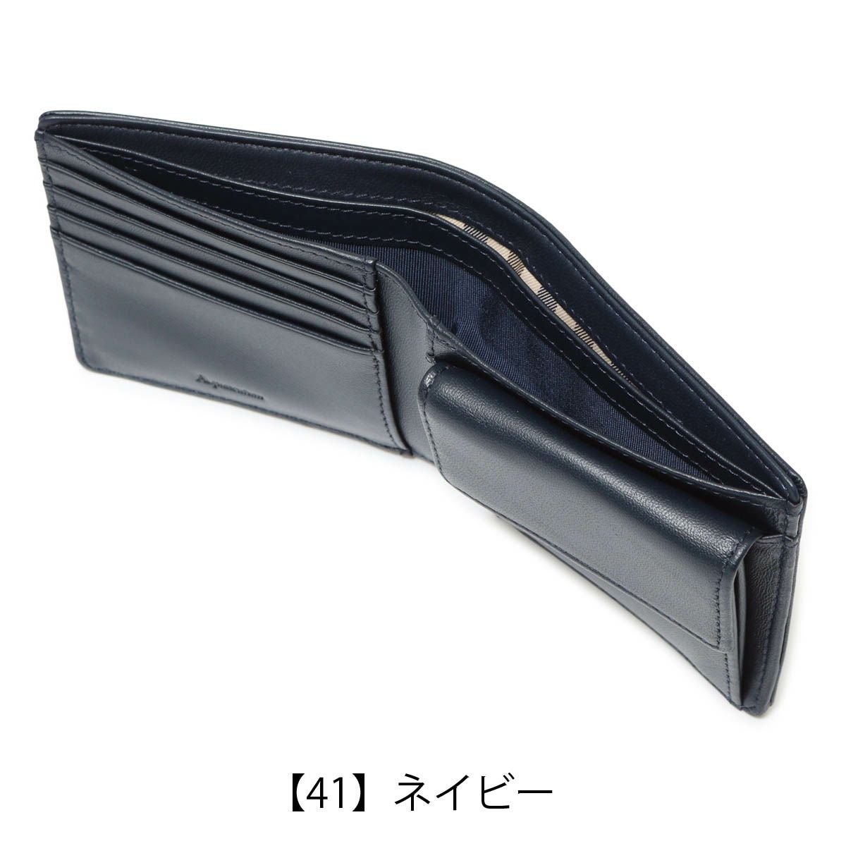 ⭐︎ドリーム2号館⭐︎ Aquascutum 二つ折り財布/紺 アクアスキュータム｜エプソン｜二つ折り財布 片ベラ 小銭入れ付｜牛革