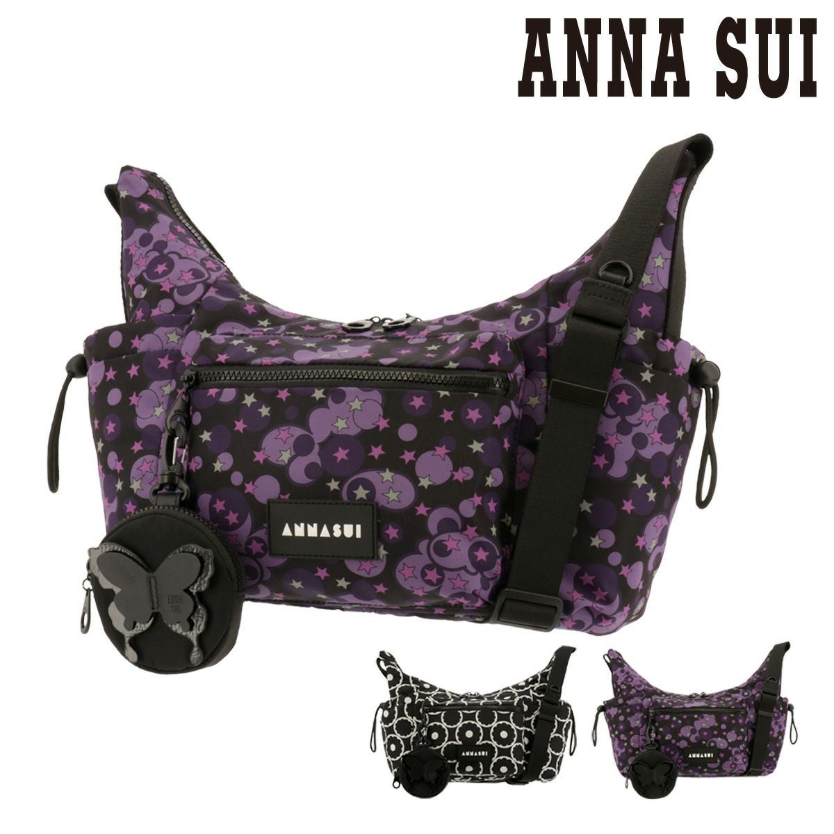 未使用級✨ANNA SUI アナスイ サンリオコラボ 総柄ショルダーバッグ 黒紫 アナスイ ANNA SUI ANNA SUI × MY MELODY & KUROMI ショルダーバッグ