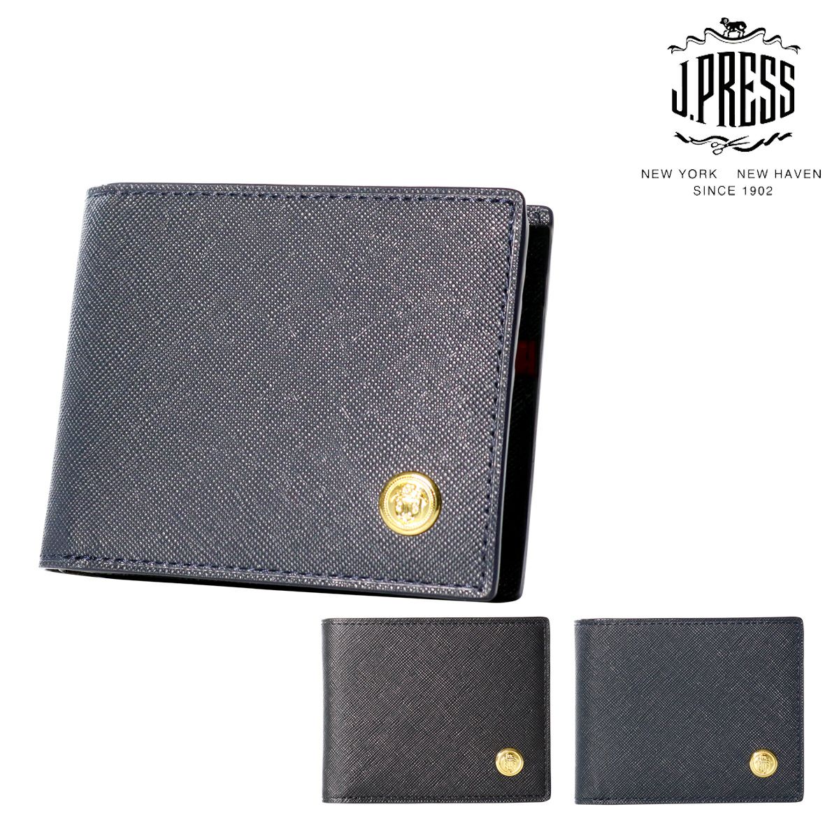 J.PRESS 二つ折り財布 メンズ 7722 ネイビー　牛革 本革 レザー ジェイプレス 二つ折り財布 エンブレムボタン メンズ 7722 J.PRESS