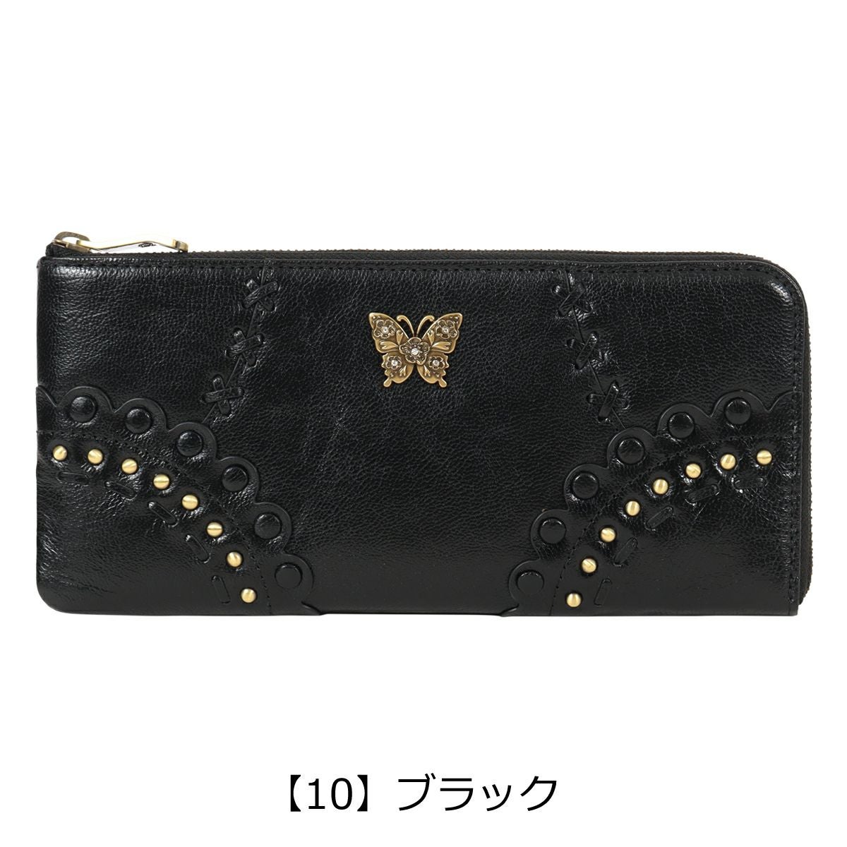 ANNA SUI 二つ折り財布 総柄 蝶モチーフ ファスナー付 ブラック 多収納 アナスイ 財布 二つ折り ANNA SUI がま口 二つ折り財布 レザー 本革