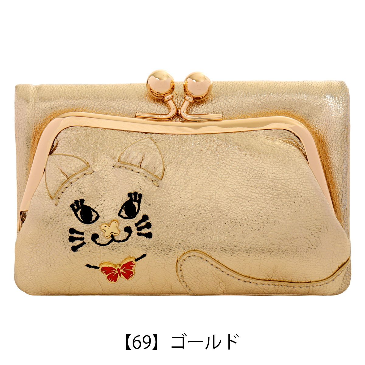 ♡美品♡アナスイ♡長財布♡がま口ネコパール♡ゴールド♡収納大♡クラッチバック♡ ANNA SUI（アナスイ） 長財布 二つ折り 本革 猫 がま口 プレイング
